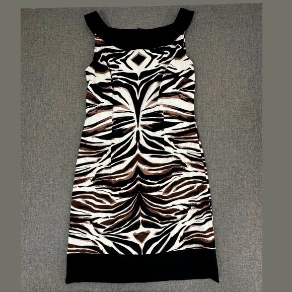 connected apparel Dresses & Skirts - Connected Apparel Zebra Dress Sz 10 Sleeveless Boat Neck Black Brown Off White